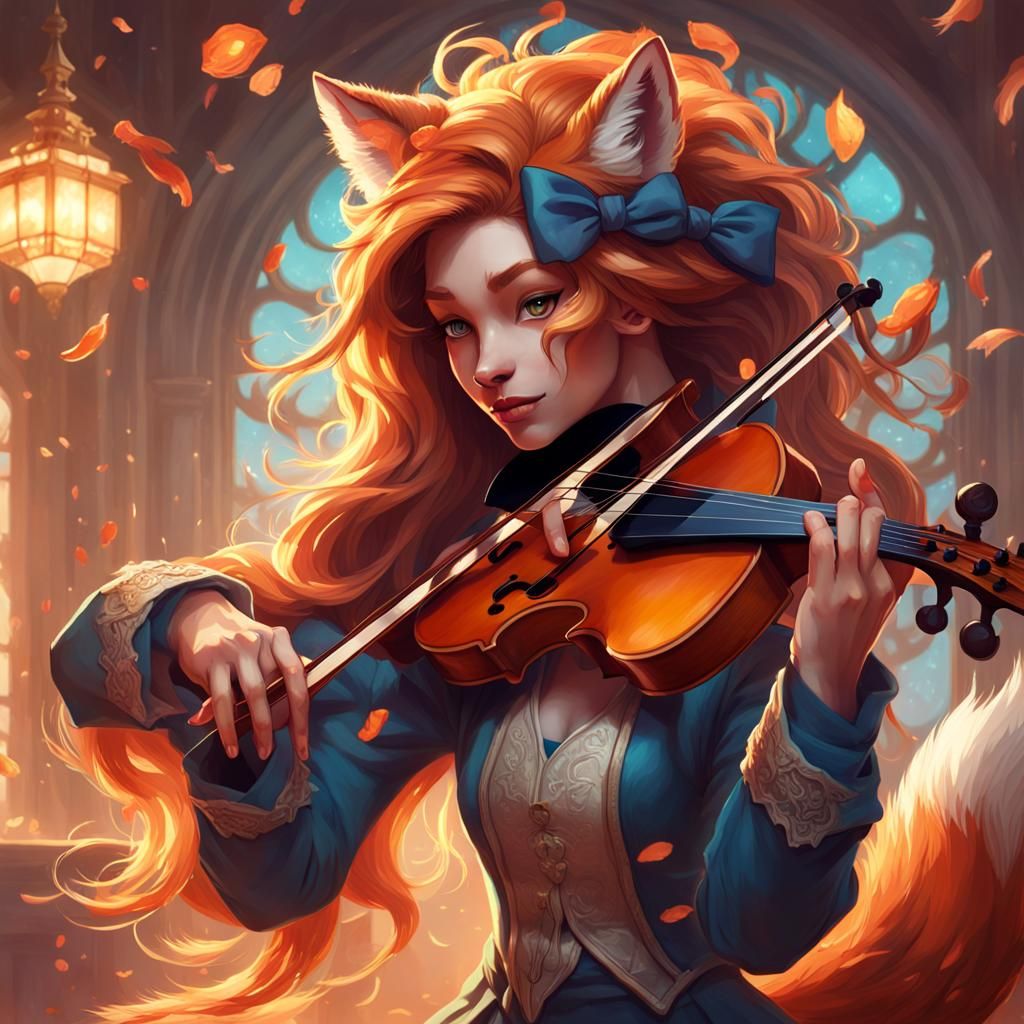 Fox Girl Violinist Portrait in Art Nouveau Style