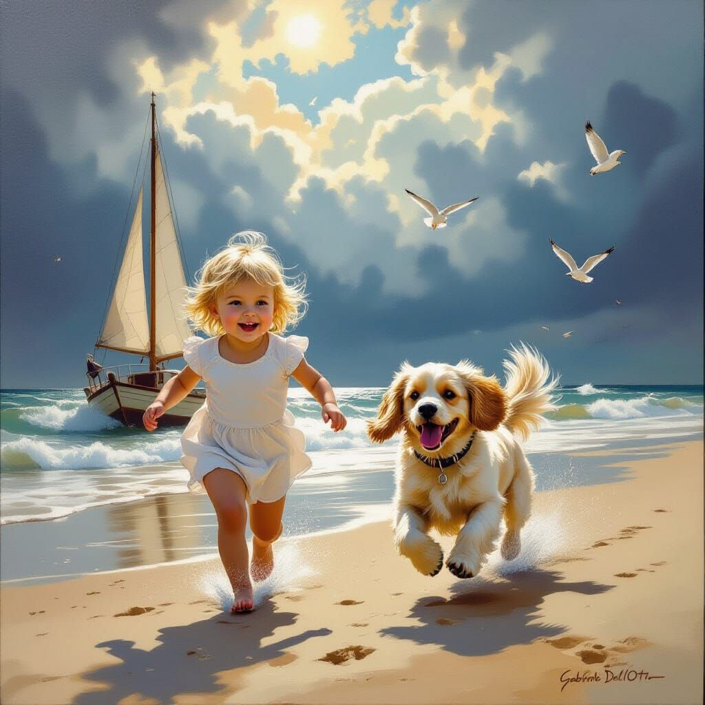 Blonde Girl and Spaniel on Beach as Oil Painting