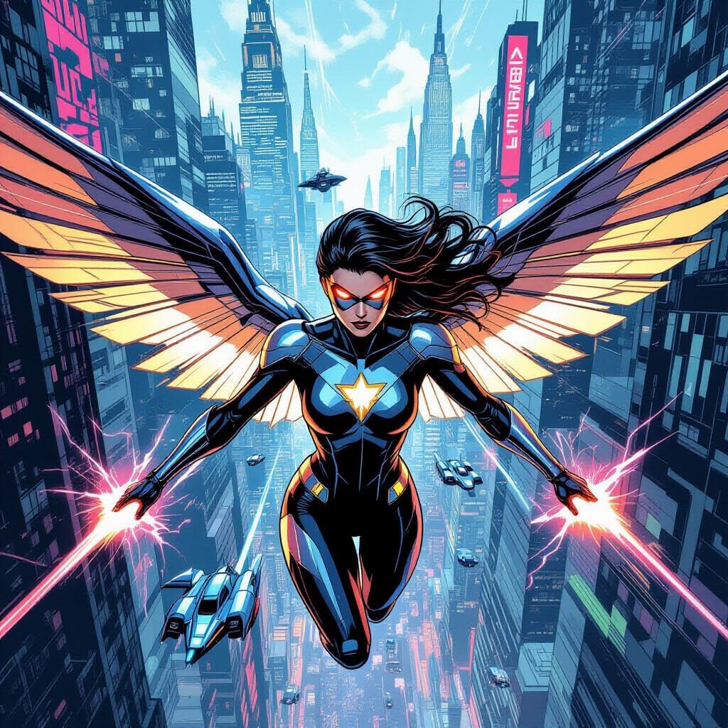 Metallic Winged Superhero Soars Through Cyberpunk City