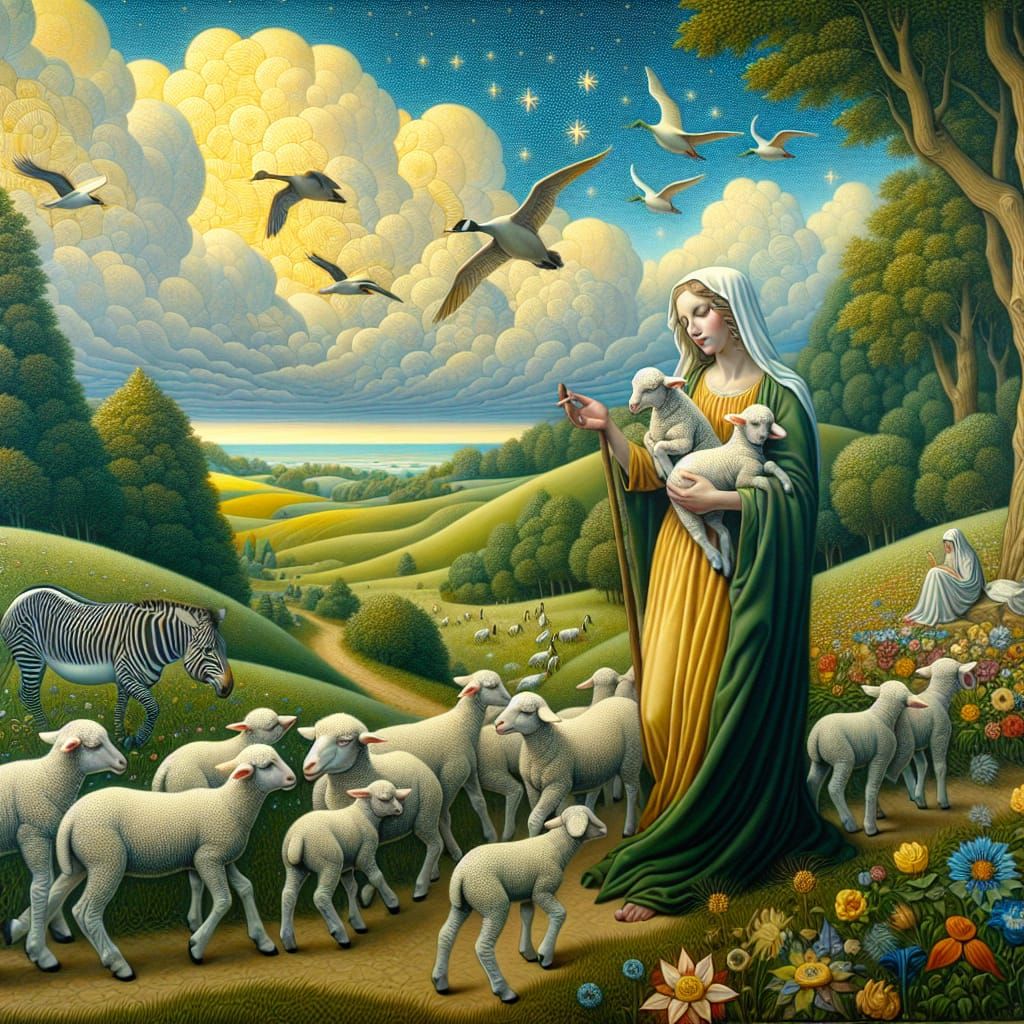 Mary and Her Lambs in Symbolism Style