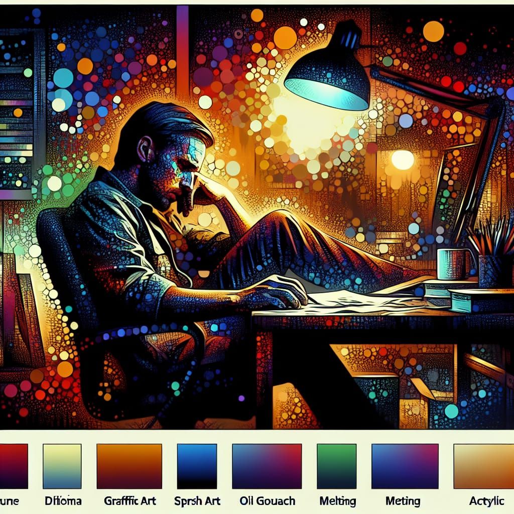 Exhausted Man at Desk in Polychromatic Art Style