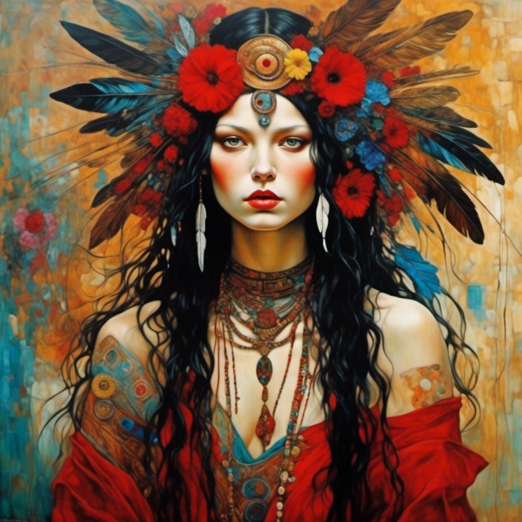 Psychedelic Cherokee Portrait in Pointillist Style