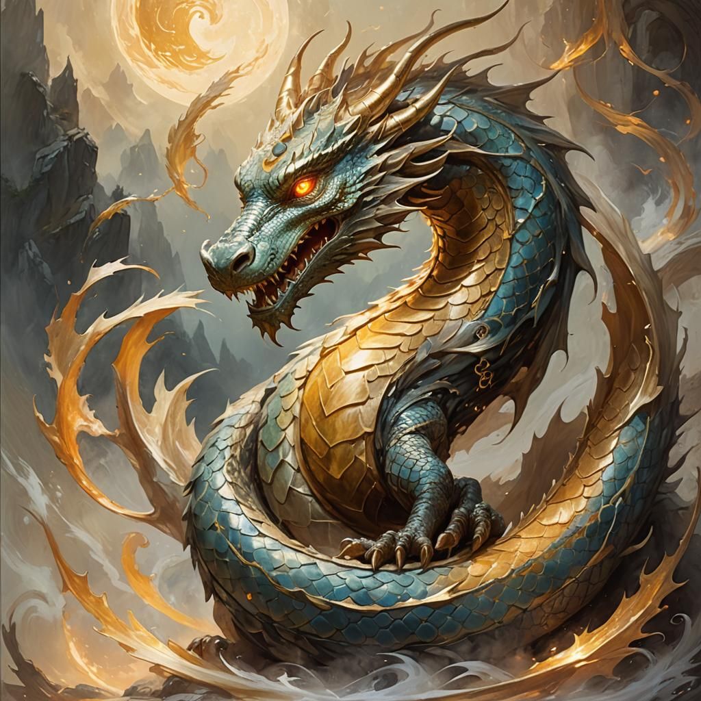 Serene Dragon with Yin Yang Symbol, Oil on Canvas