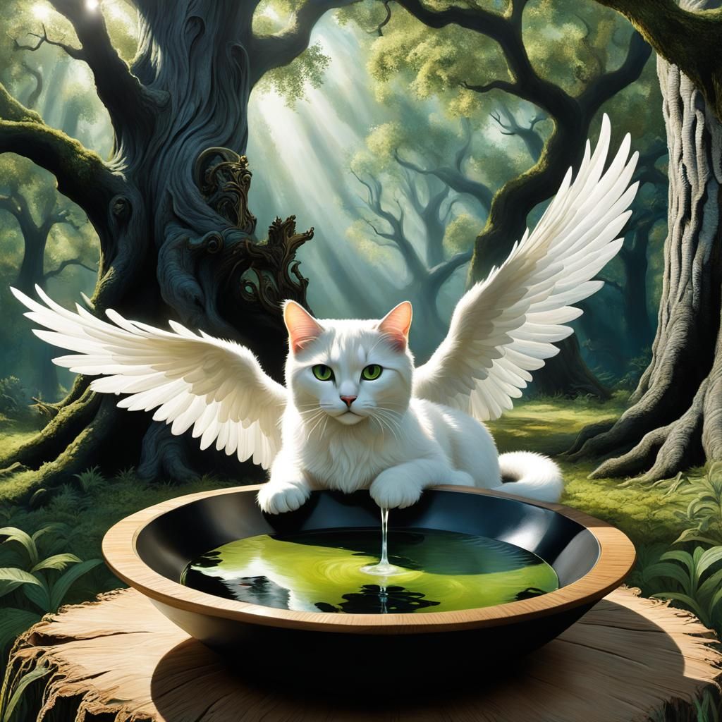 Winged Cat Drinks Under Oak Tree: Hyperrealistic Action Pain...