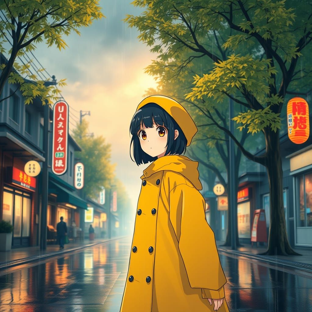 Dreamy Anime Girl Walks Through Rainy City Streets in Vibran...