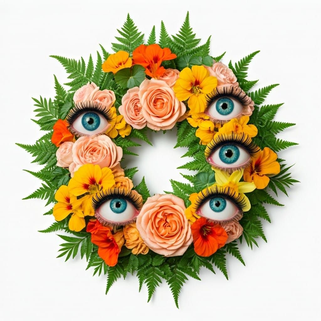 Vibrant Floral Wreath with Whimsical Eyes in a Dreamlike Aes...