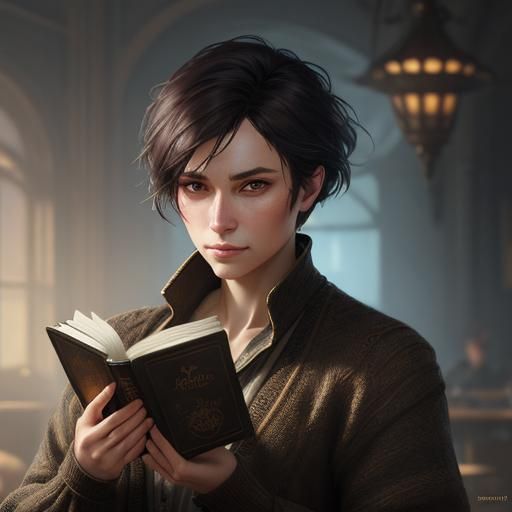 Focused Androgynous Bookworm Portrait in Hyperdetailed Style