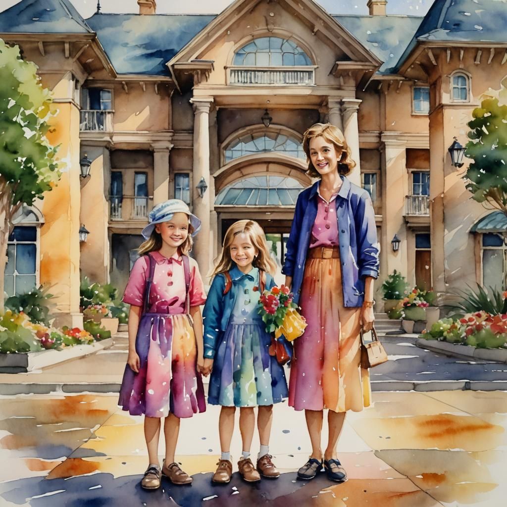 Girls Arrive at Resort: Watercolor Painting