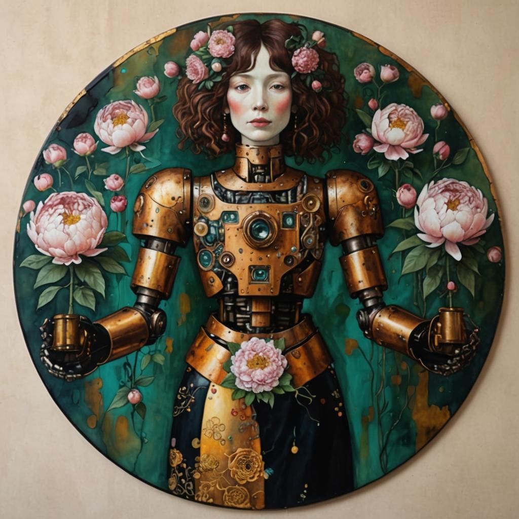 Robot with Peonies in Art Nouveau Style