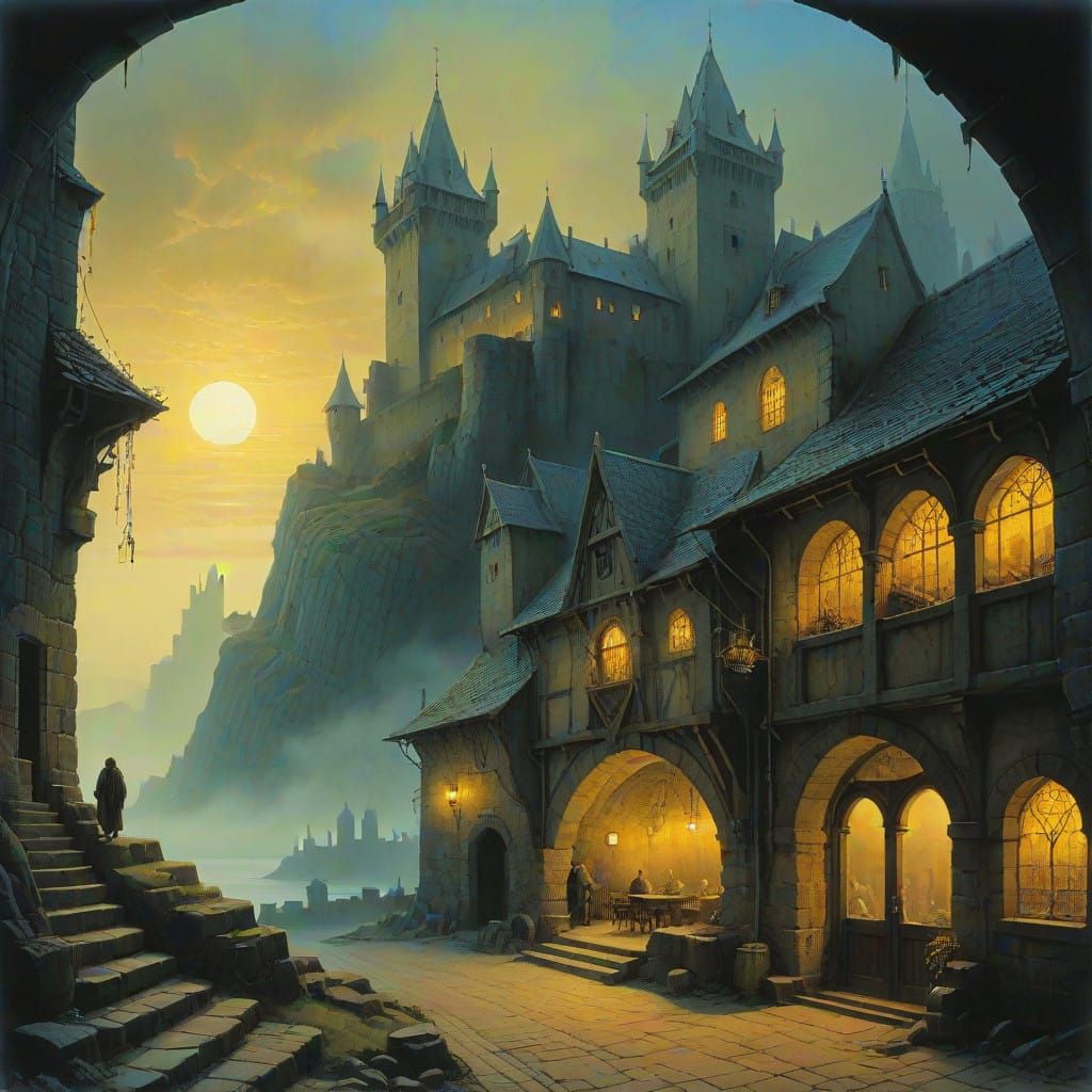 Medieval Fantasy Coffee Shop in a Whimsical Castle Landscape