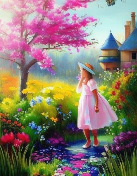 Disney Princess Painting Flowers in Garden as Fine Art