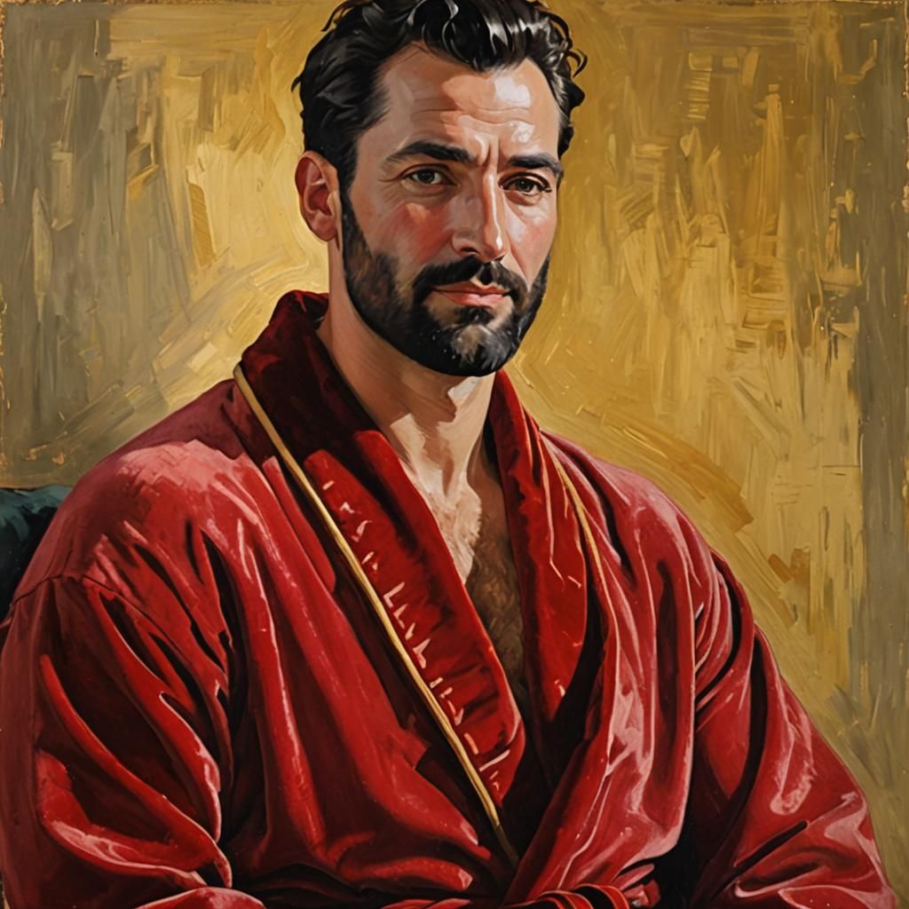 Serene Man in Red Velvet Robe: Impressionist Portrait