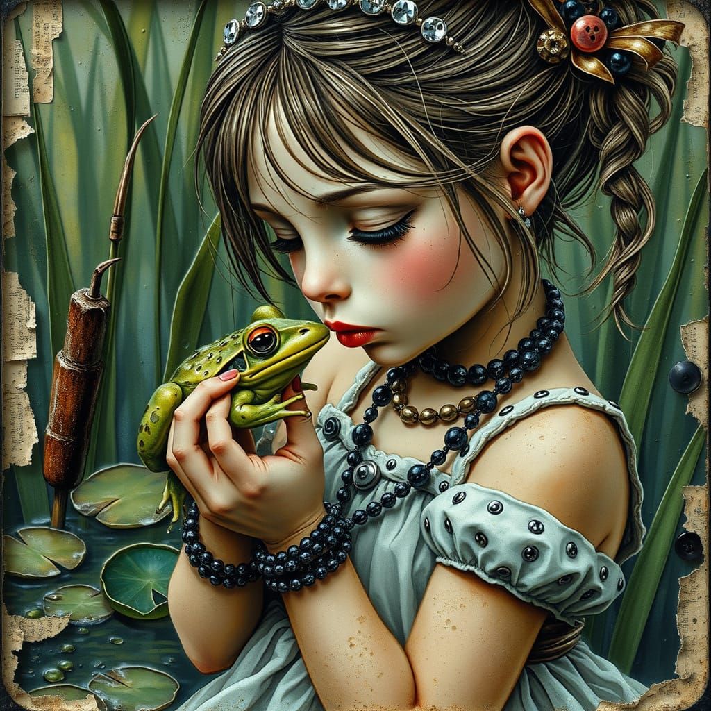 Grunge Princess About to Kiss Frog, Glitchcore Aesthetic