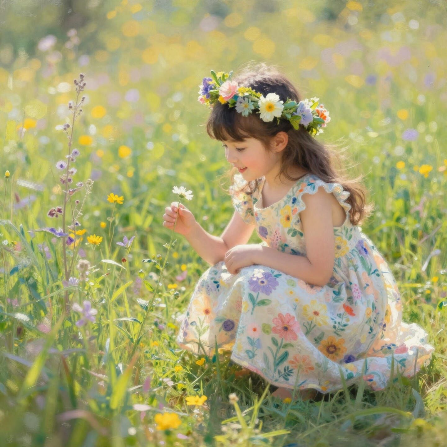 Girl in Flowing Dress in Sun-Dappled Meadow