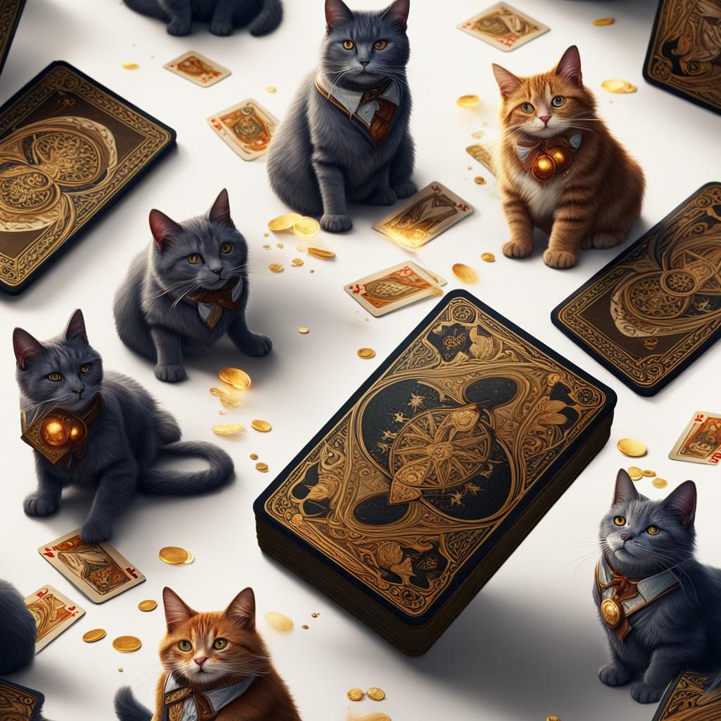 Cats Playing Cards in a Magical Setting
