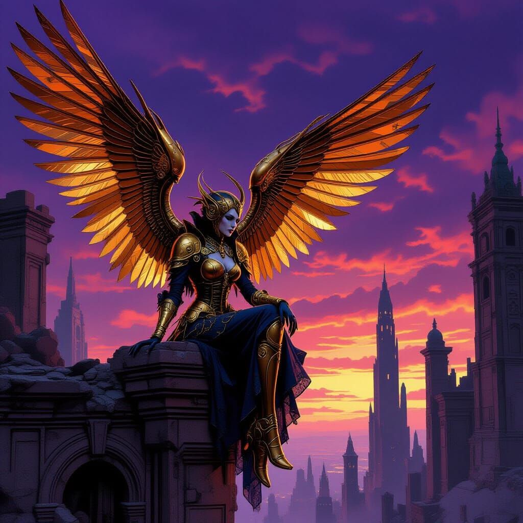 Mechanical Harpies in Victorian Attire on Alien Ruins