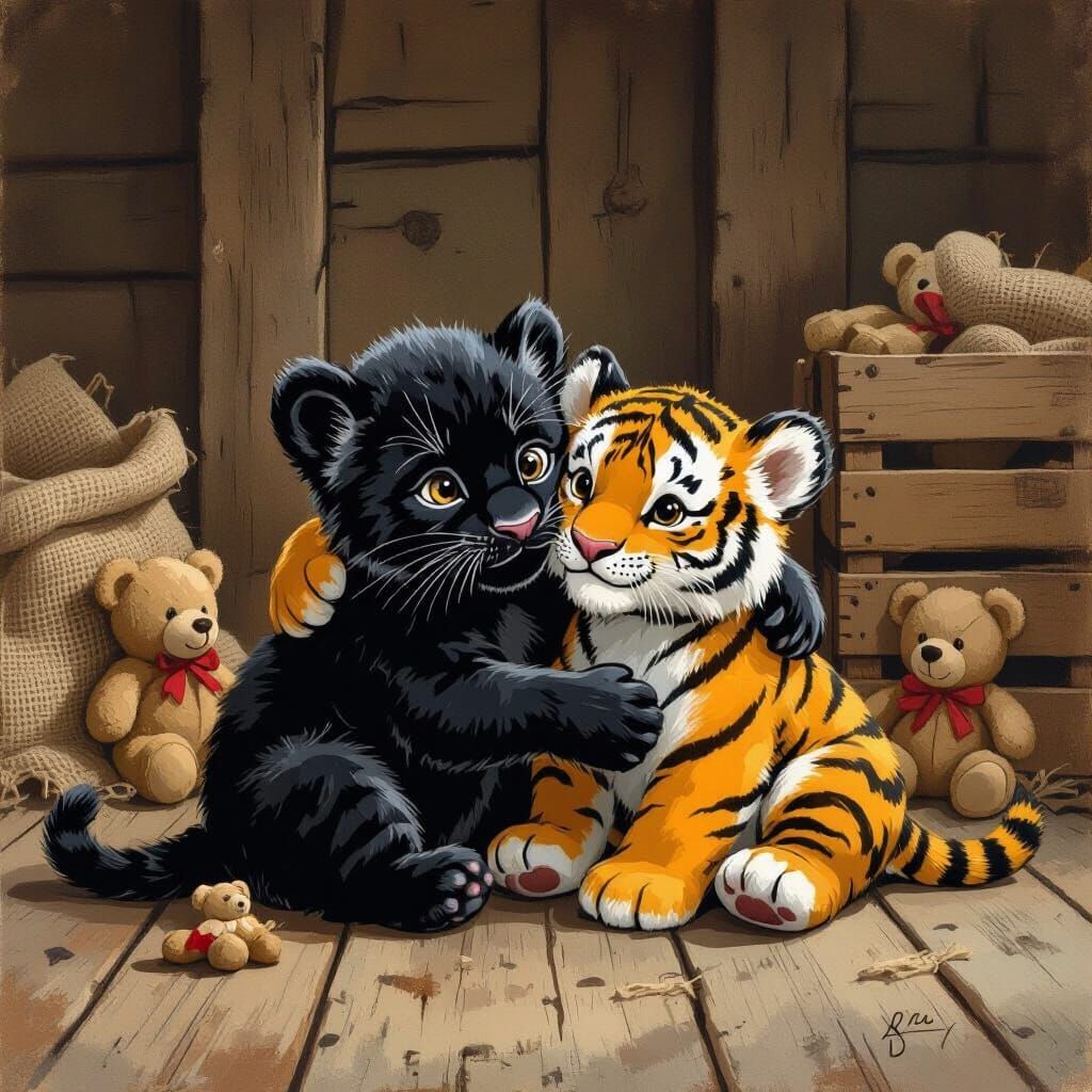 Playful Panther and Tiger Cubs in Rustic Illustration