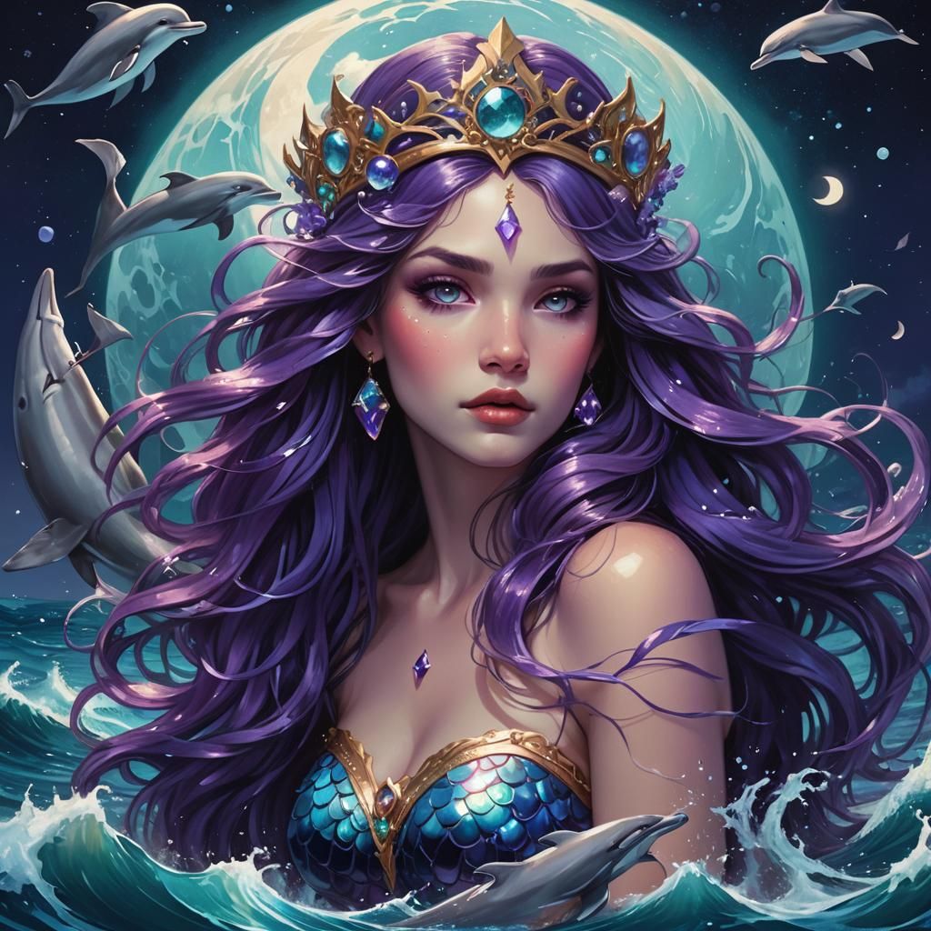 Purple and Teal Mermaid with Dolphins in Moonlight