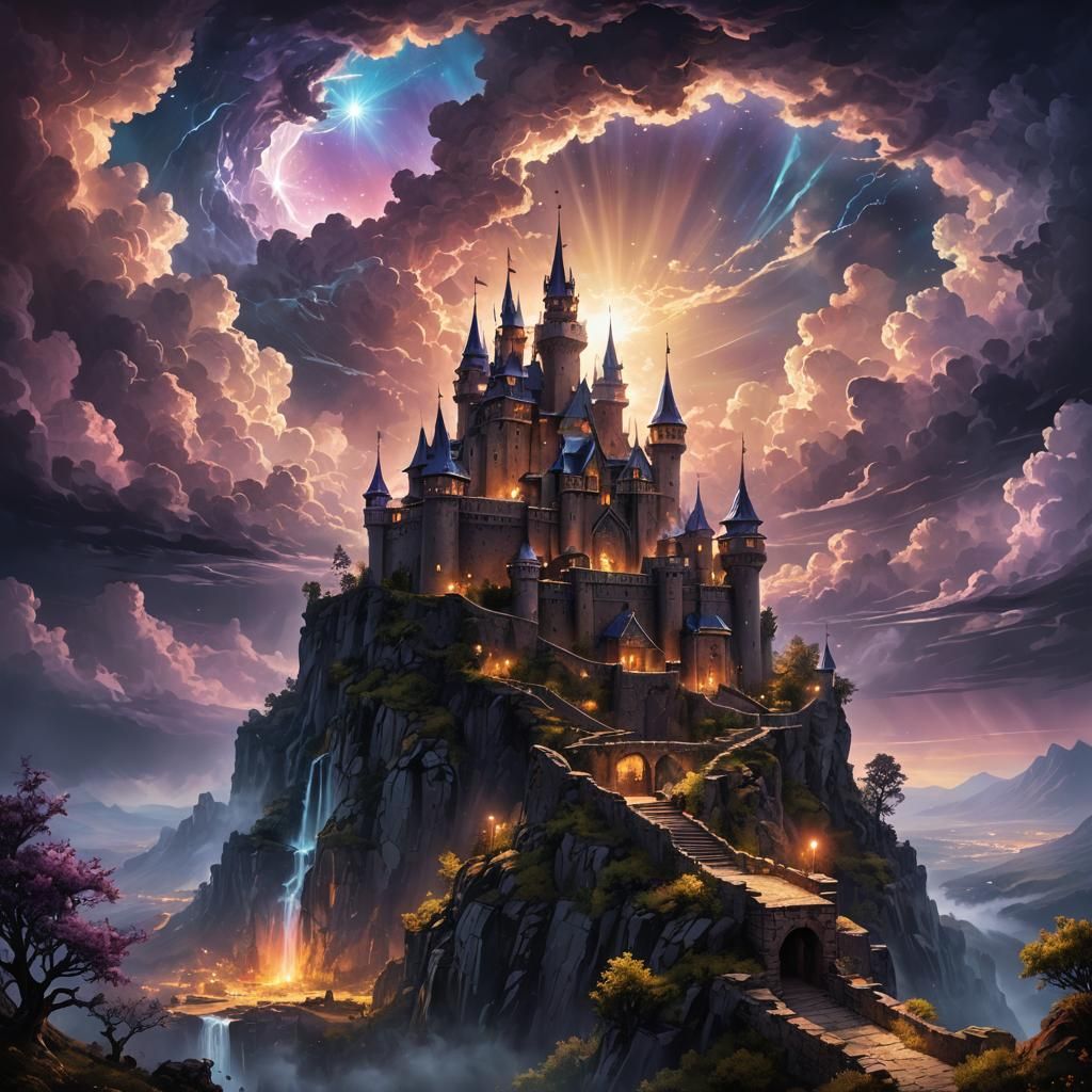 Enchanting Fortress Under Iridescent Skies