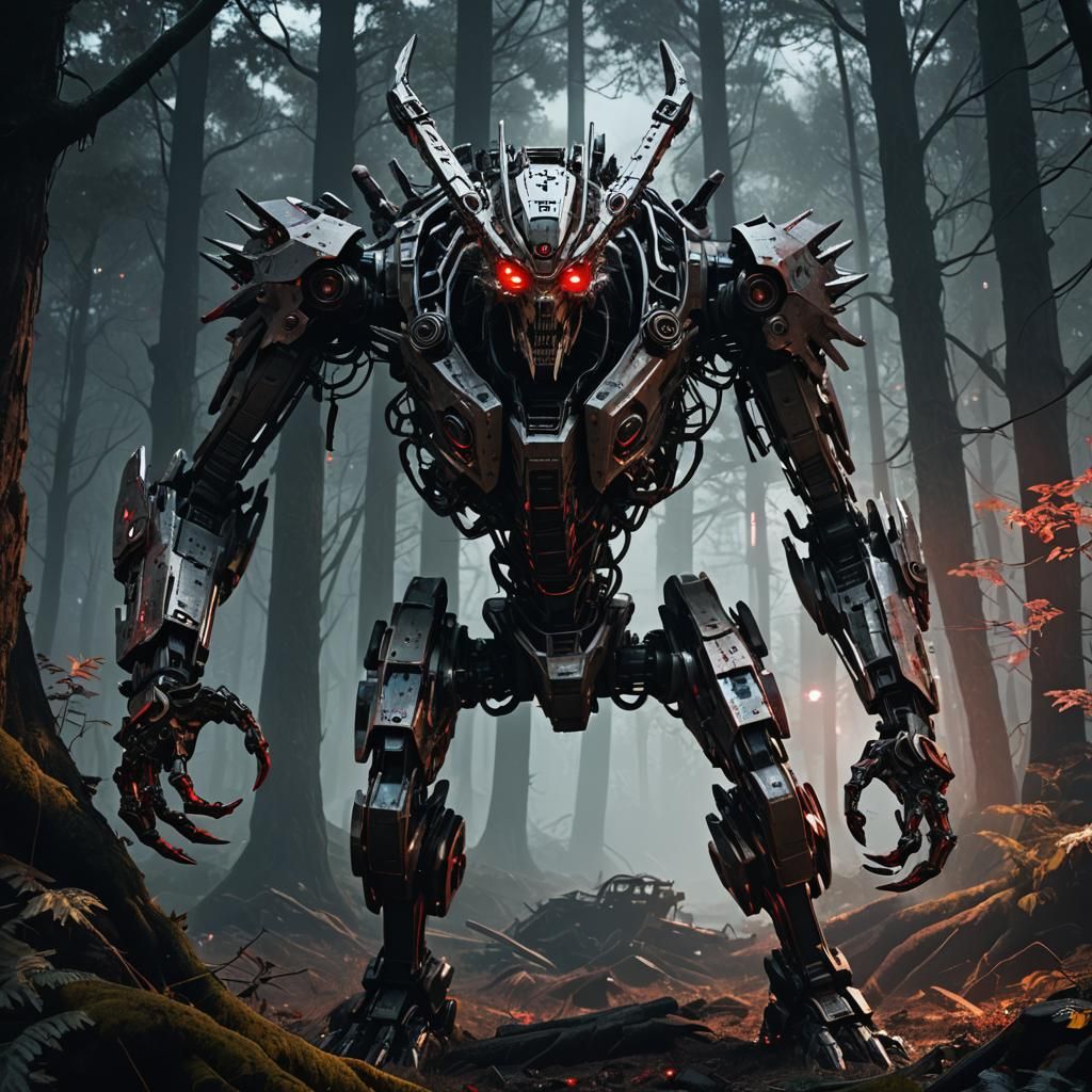 Cyberpunk Mecha Wendigo in a Dark Forest