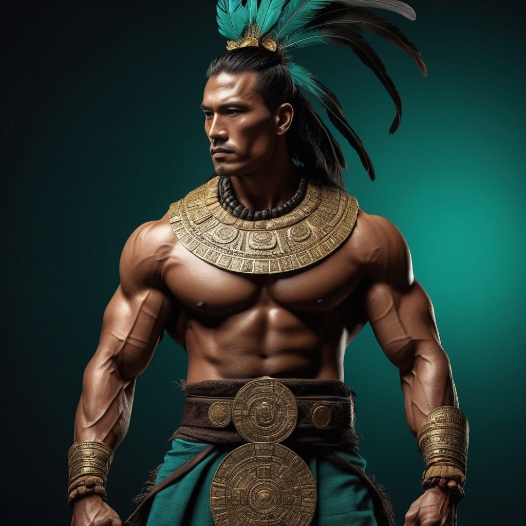 Mayan Warrior in Bronze Skin with Mayan Green Feathers