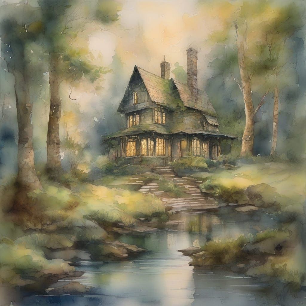 Whimsical Watercolour of a Victorian Wizard's Enchanted Wood...