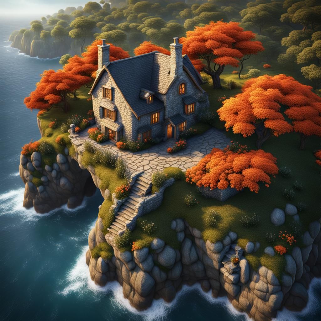 Cliffside Cottage Surrounded by Orange Roses