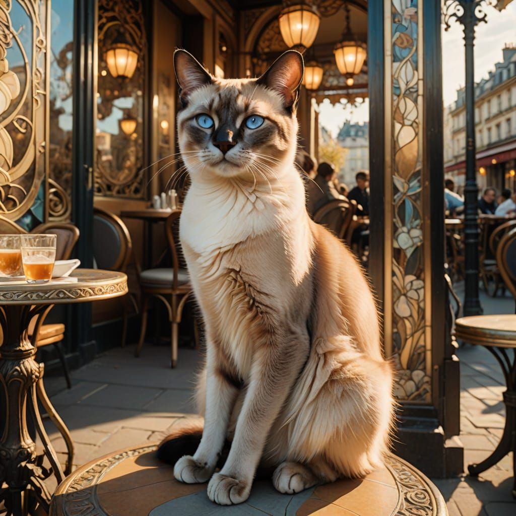 Siamese Cat in Parisian Cafe, Alphonse Mucha Style