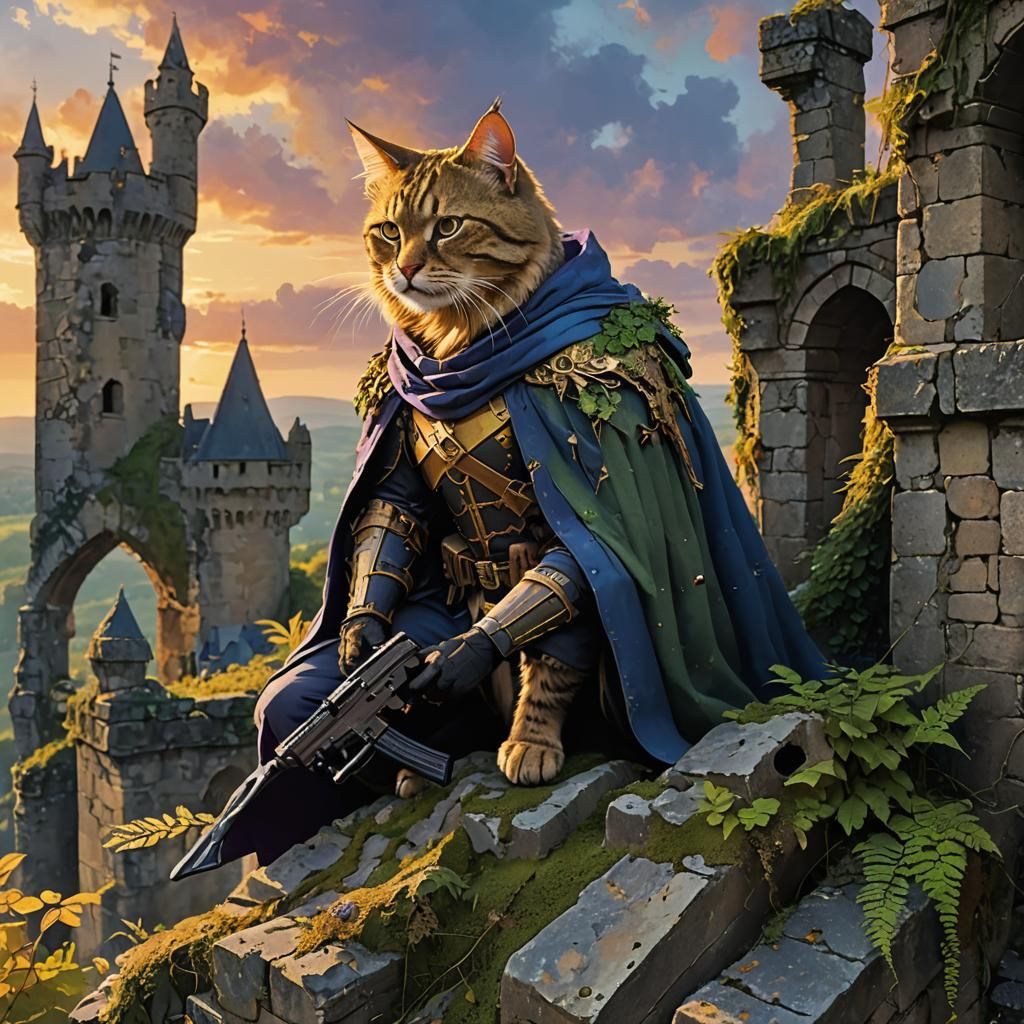 Fierce Cat Sniper on Crumbling Castle Battlements