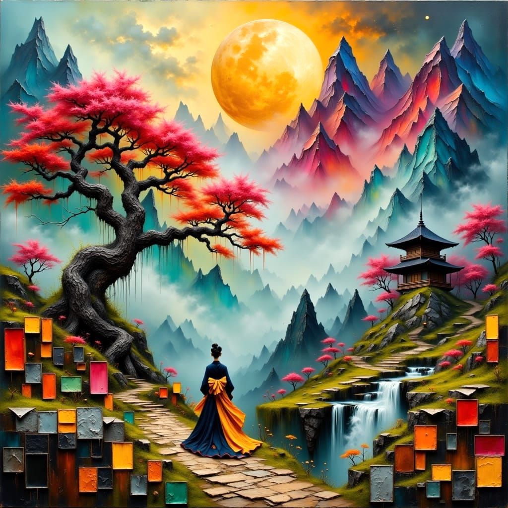 Surreal Oil Painting of a Modern Japanese Woman in Antique C...