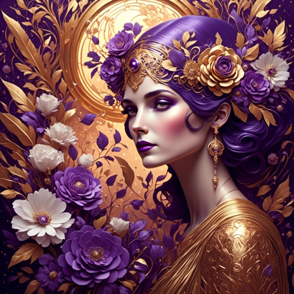 Woman with Flowers: Holographic Art Deco Portrait