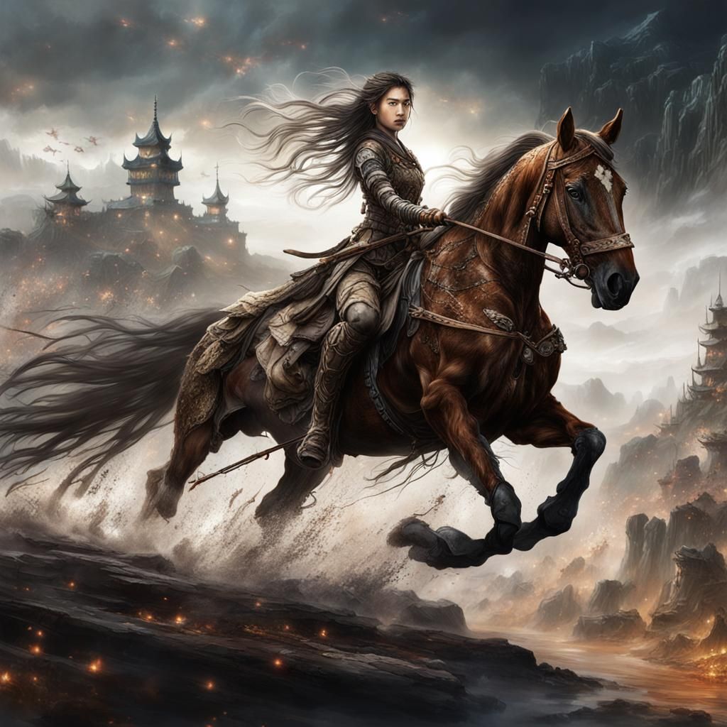 Japanese Girl on Horse in Luis Royo Style