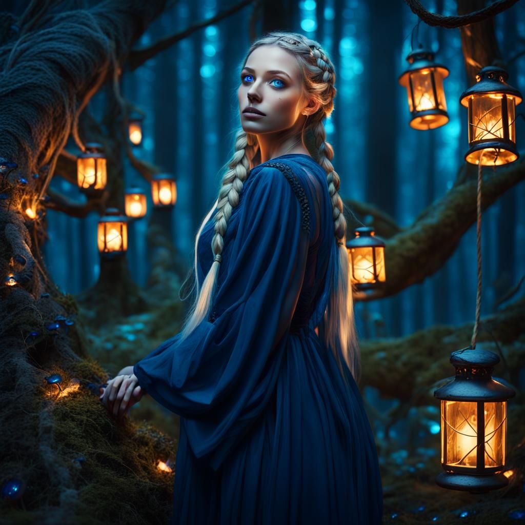 Enchanted Forest Girl with Lanterns: Fantasy Realism
