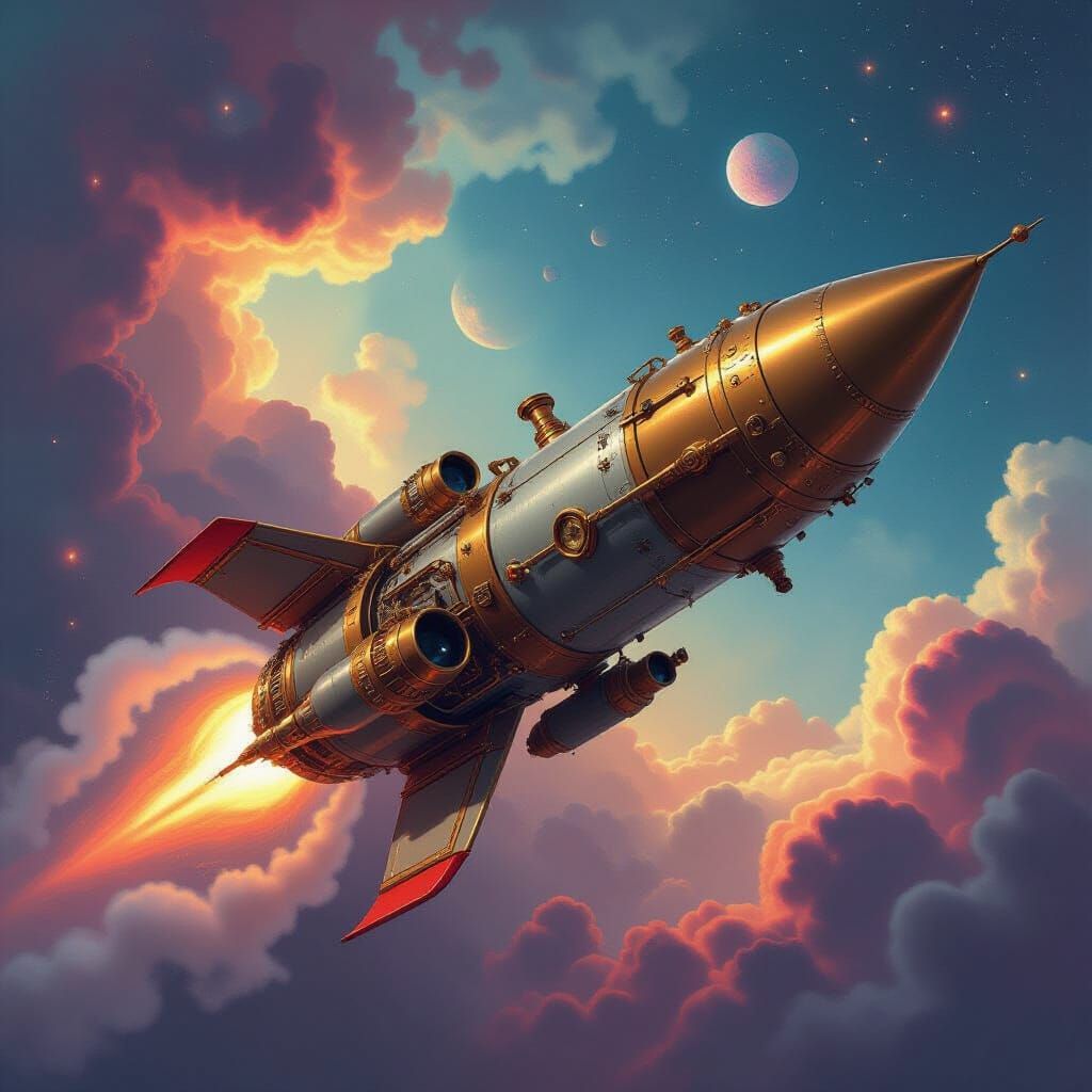 Steampunk Rocket Soaring Through Cosmic Nebula