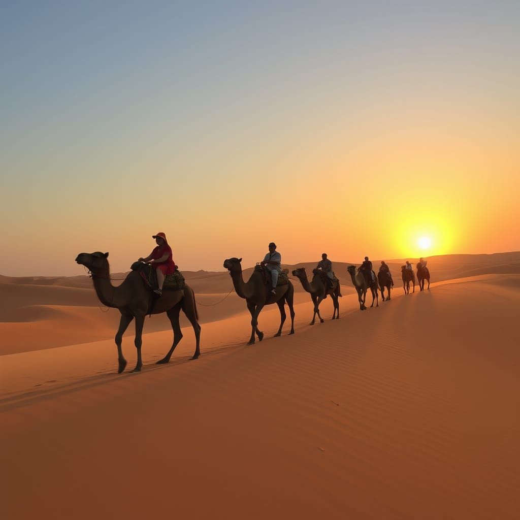 Camels in Rhythmic Motion Across Endless Desert Dunes