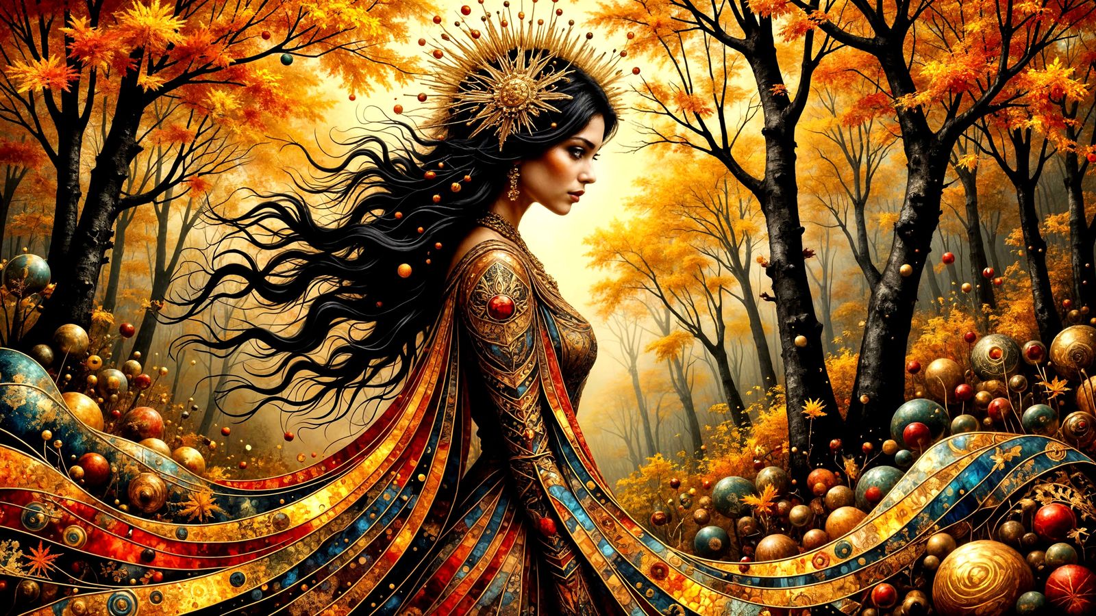 Golden Goddess of Autumn Forests in Klimt Style