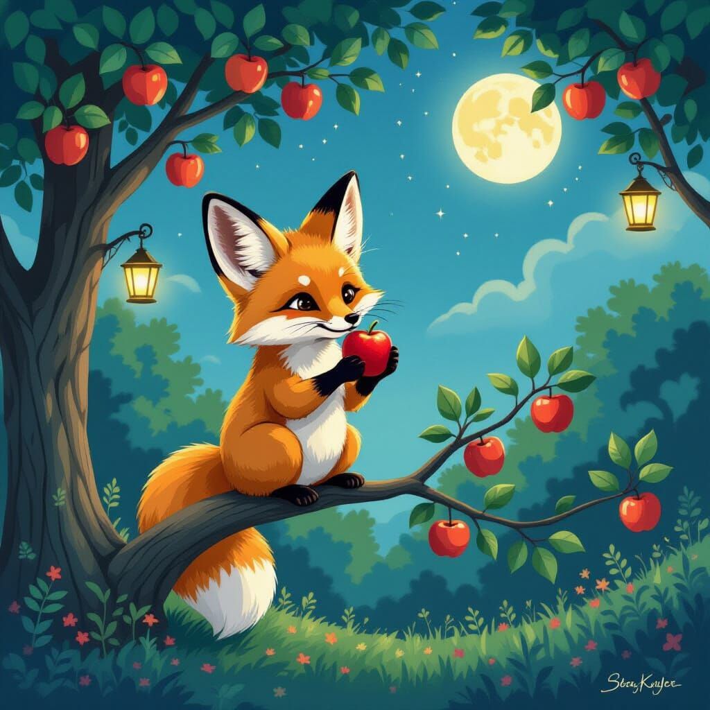 Fennec Fox in Twilight Orchard, Storybook Illustration