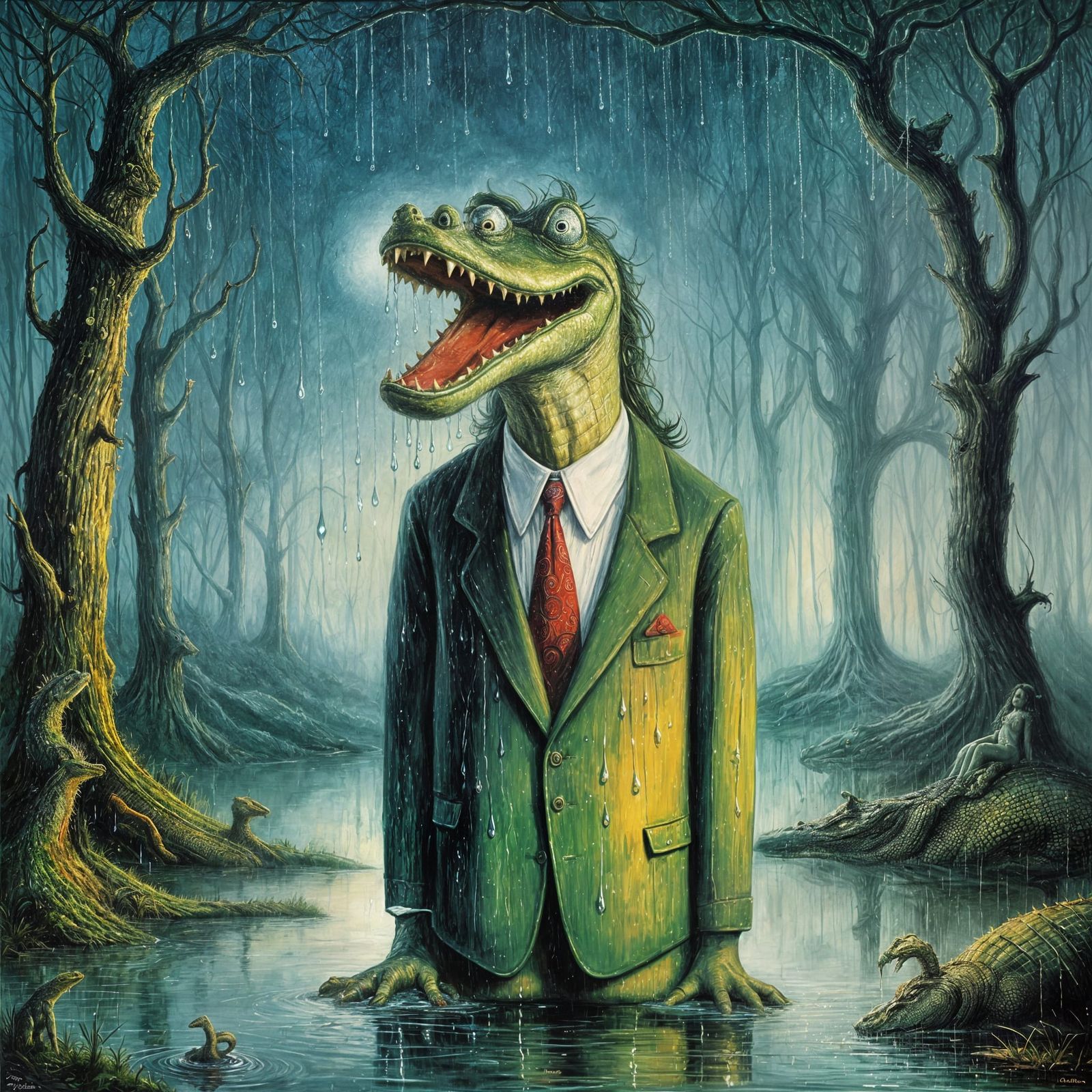 Crying Crocodile Agent in Surreal Rainy Forest