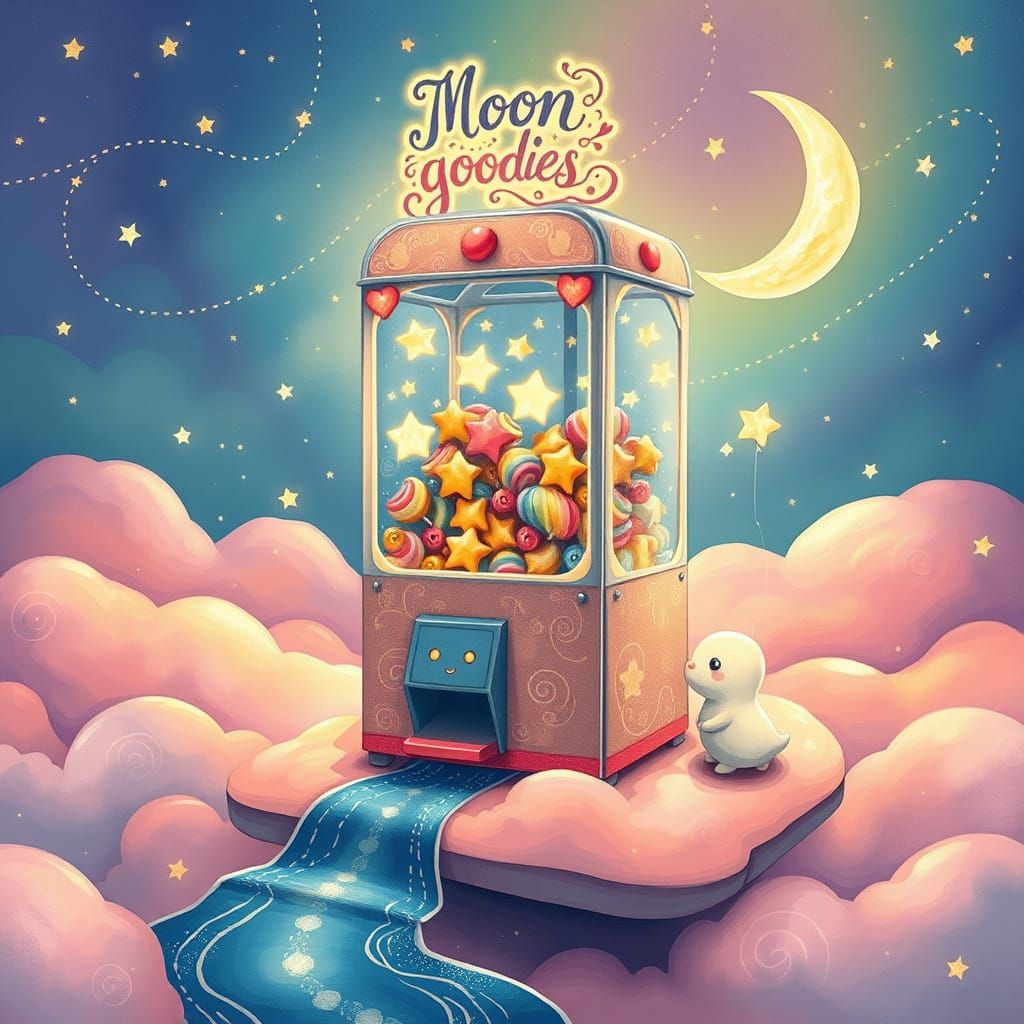 Whimsical Cloud Platform Claw Machine in Dreamy Moonlight