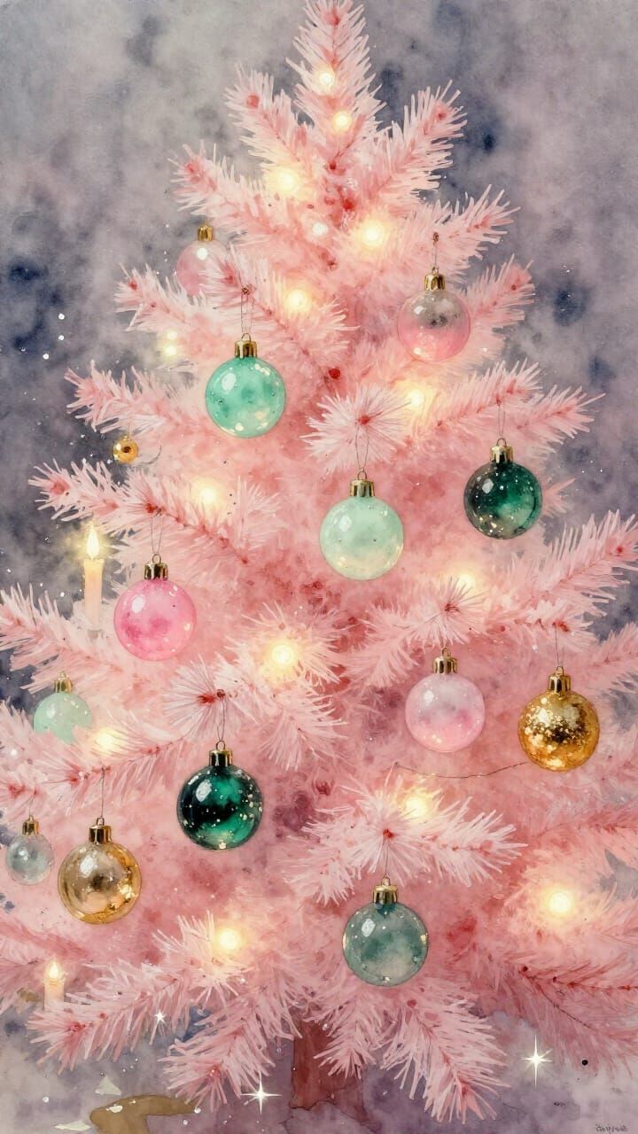 Ethereal Pink Christmas Tree Watercolor Painting