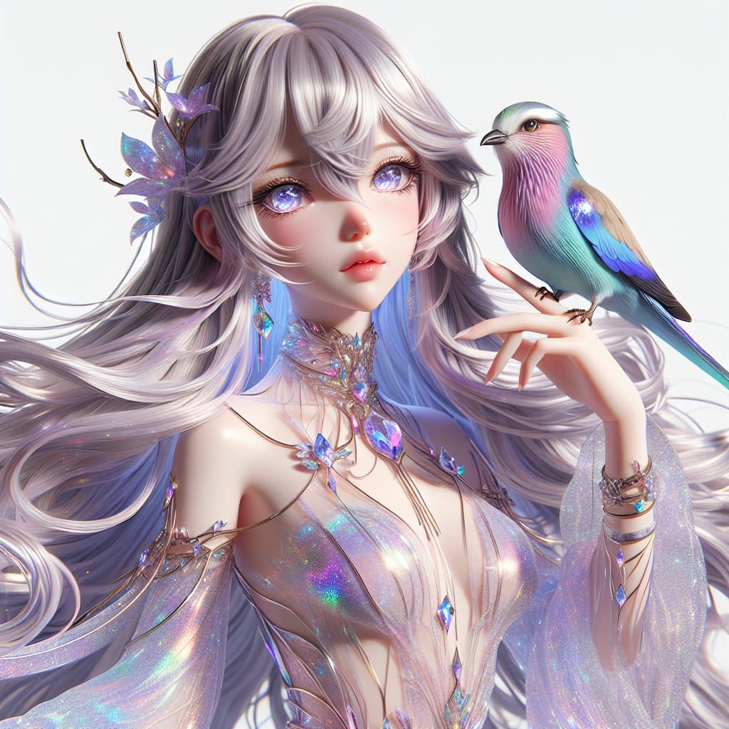 Anime Girl with Lilac Roller Bird in 3D Style