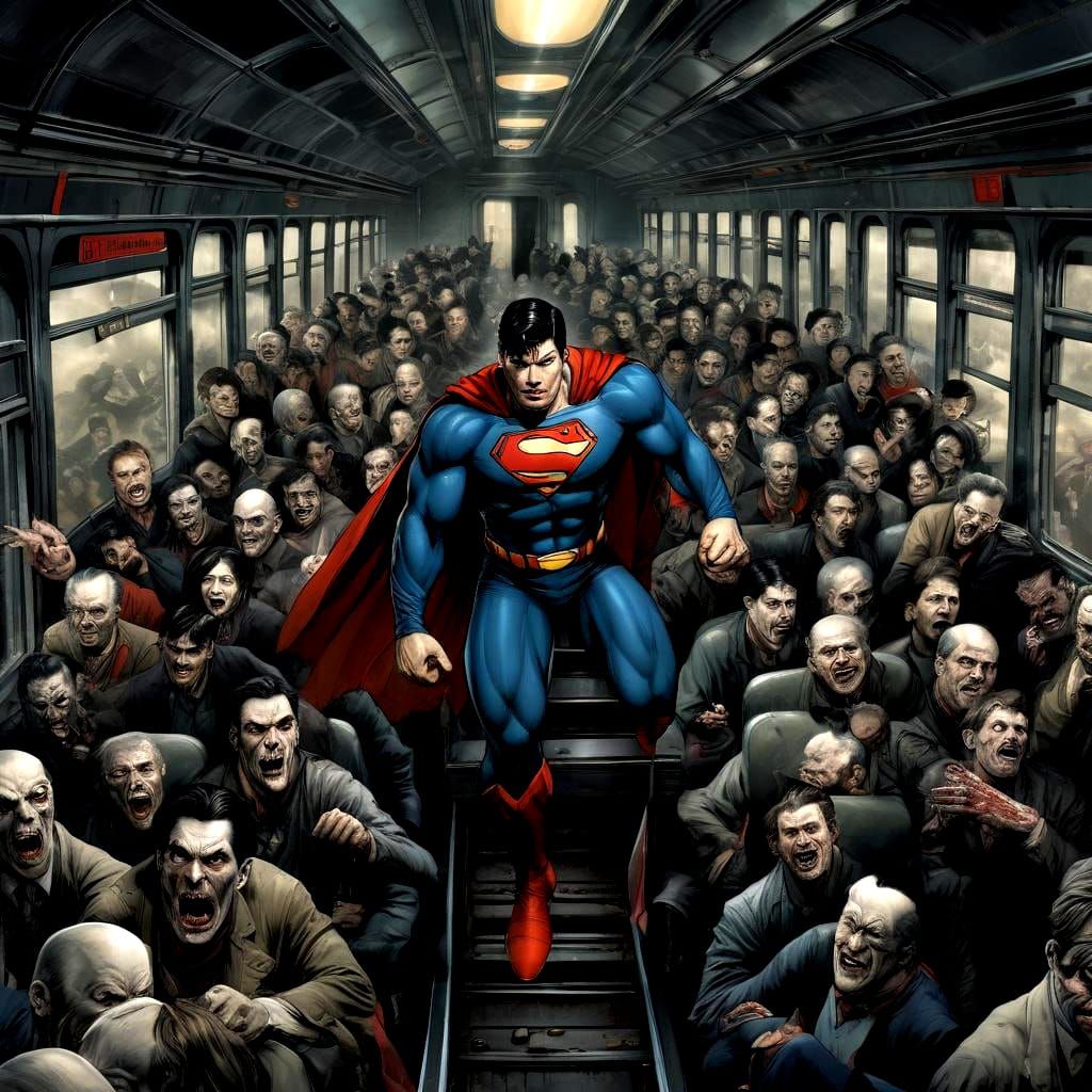 Vampire-Superman riding on a train full of vampires!