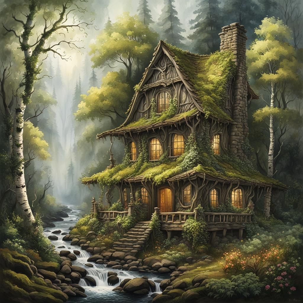 Enchanted Cabin Ruins in Misty Forest, Watercolor Style