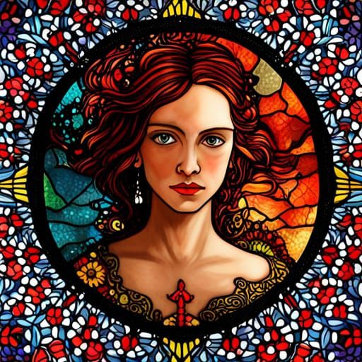 Stained Glass Woman Portrait with Constellations