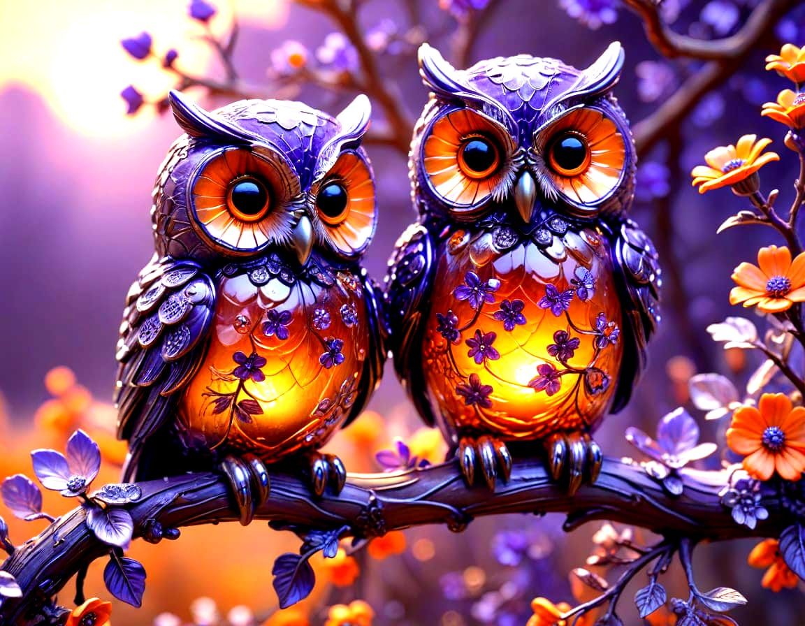 Purple and Orange Glass Figurine of Cute Owls in Sunset Land...