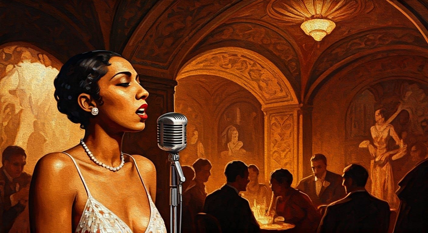 Josephine Baker singing in a dimly lit 1920s New York speake...