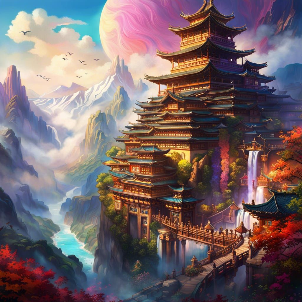 Hyperrealistic Shangri-La City in the Clouds