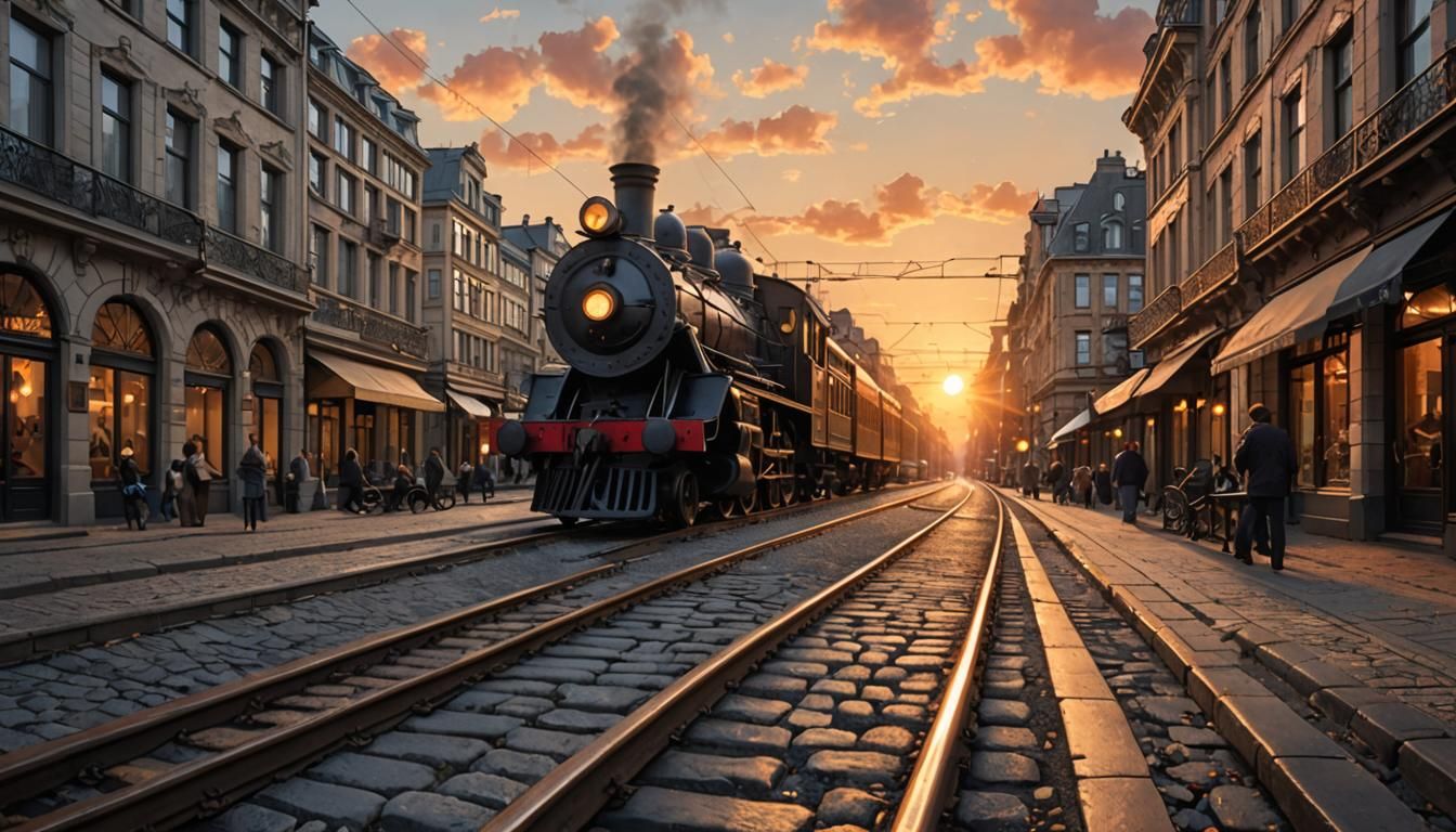 Art Nouveau City Sunset with Steam Train
