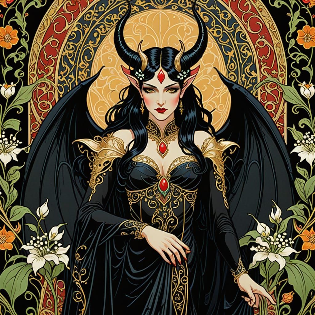 Art Nouveau Devil Fairy with Lily of the Valley