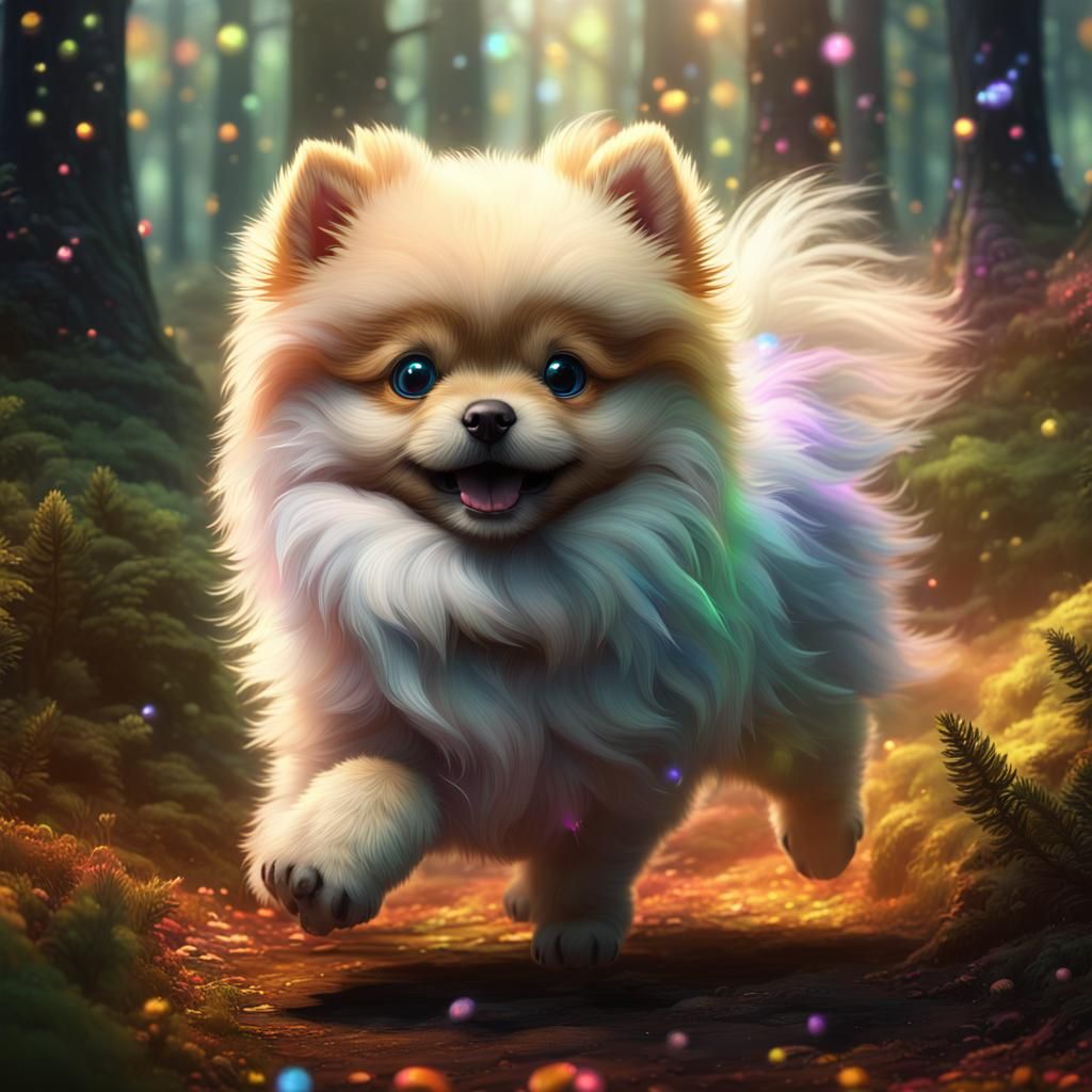 Rainbow Forest Pomeranian Puppy, Detailed Matte Painting